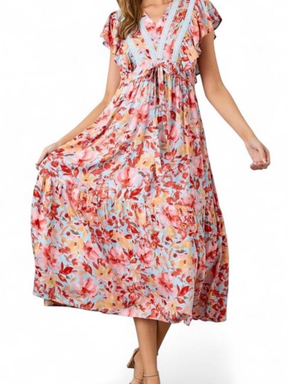 Baltic Born Raelynn floral midi dress size M empire waist tie flowy tiered